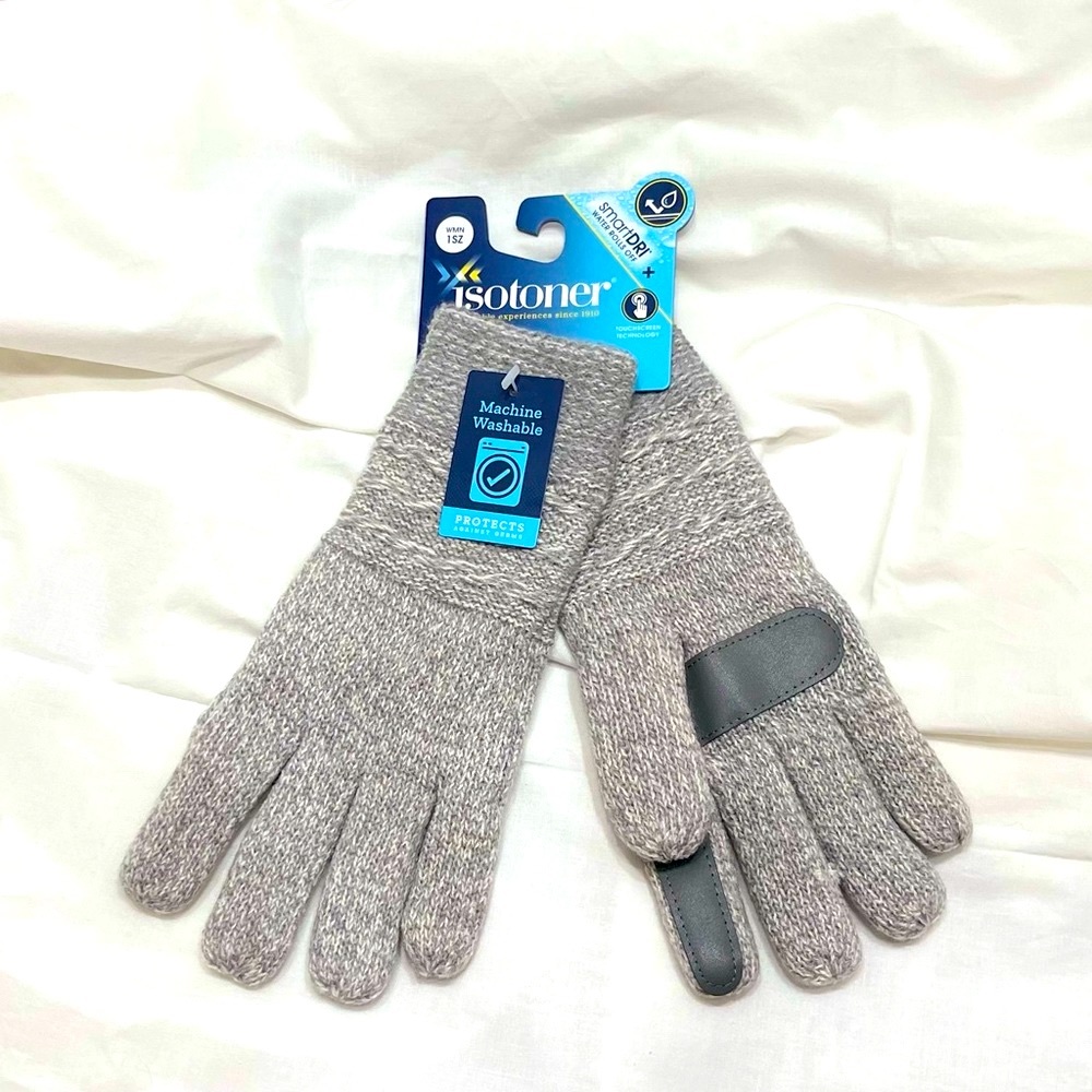 Womens Isotoner SmartDri + SmarTouch Gloves-One Size-Heather Grey/Ivory-NWT